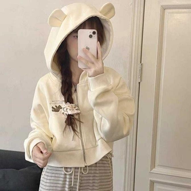 HOODIE BEAR BUDDY ZIPPER JACKET CROP TOPI TELINGA ATASAN WANITA LUCU B77S
