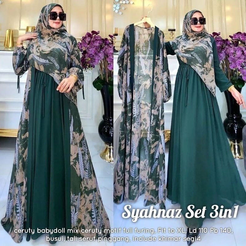 TFQ SYAHNAZ 3IN1 SET SETELAH GAMIS MUSLIM MEWAH BAHAN CERUTY BABYDOLL MIX CERUTY MOTIF FULL PURING