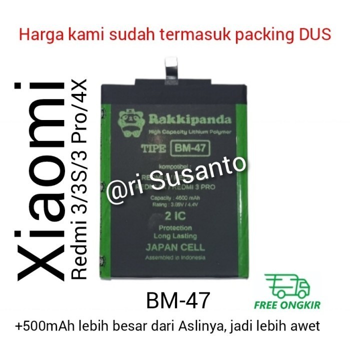 NEW SERIES BATERAI RAKKIPANDA BM47 FOR XIAOMI REDMI 3/3S/3 PRO/4X DOUBLE POWER QUALITY ORIGINAL