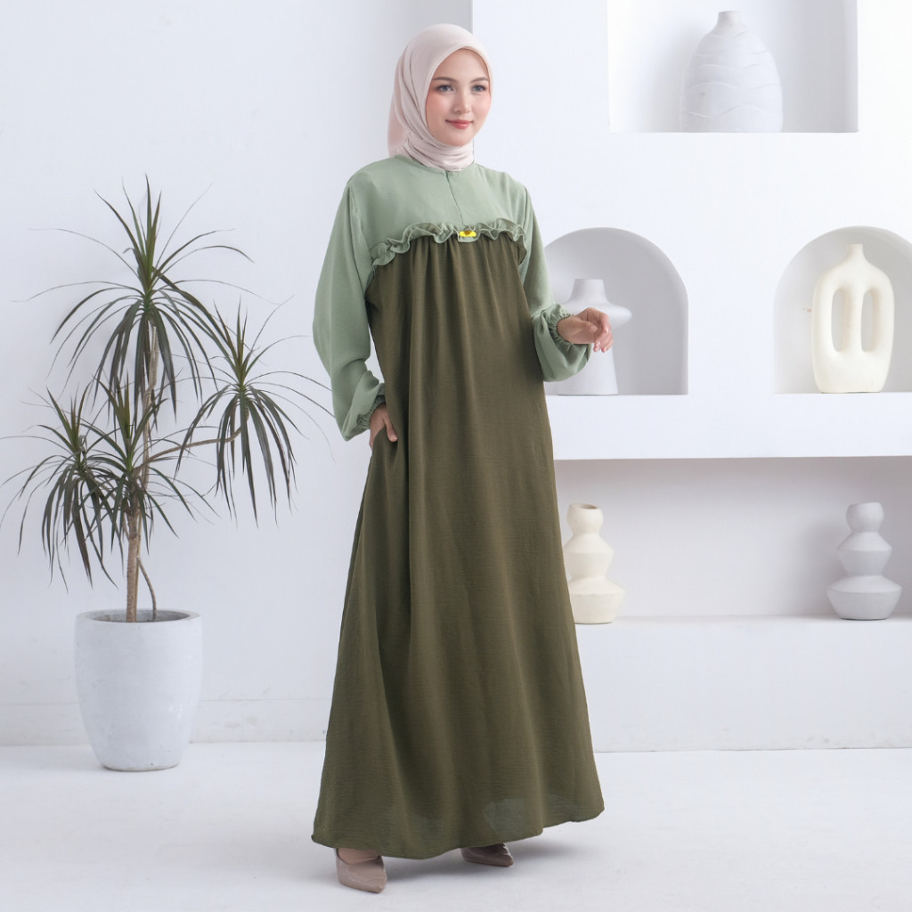 [BEST DEAL] Kaniya Dress Gamis Terbaru Bahan Crinkle Airflow Kombinasi 2 Warna Polos Busui LD 110