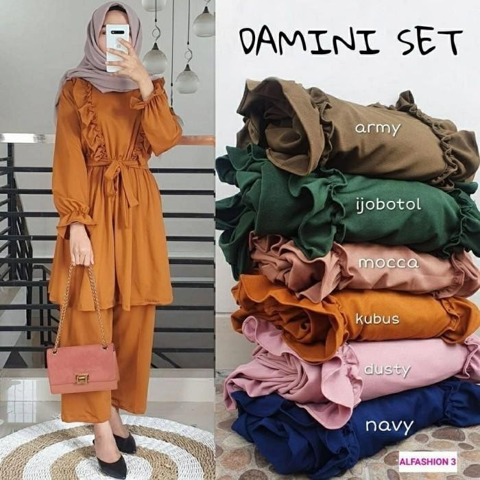 Setelan Baju Tunik Celana Wanita Muslim Damini Bahan Moscrepe Size Xl