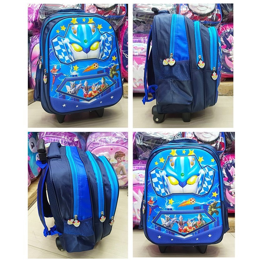 Baru!!! Tas DORONG Trolley Anak Sekolah SD ULTRAMAN HITAM TIMBUL 3Res IMPORT