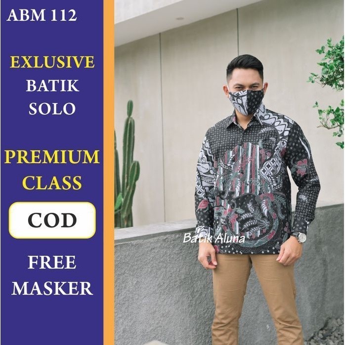Baju Batik Pria Lengan Panjang Bahan Katun Premium Baju Kondangan Cowok Free Masker ABM 112