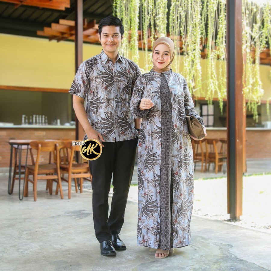 Couple Gamis Batik Keluarga Baju Sarimbit Batik Gamis Wanita Modern - Abu-abu, Standar
