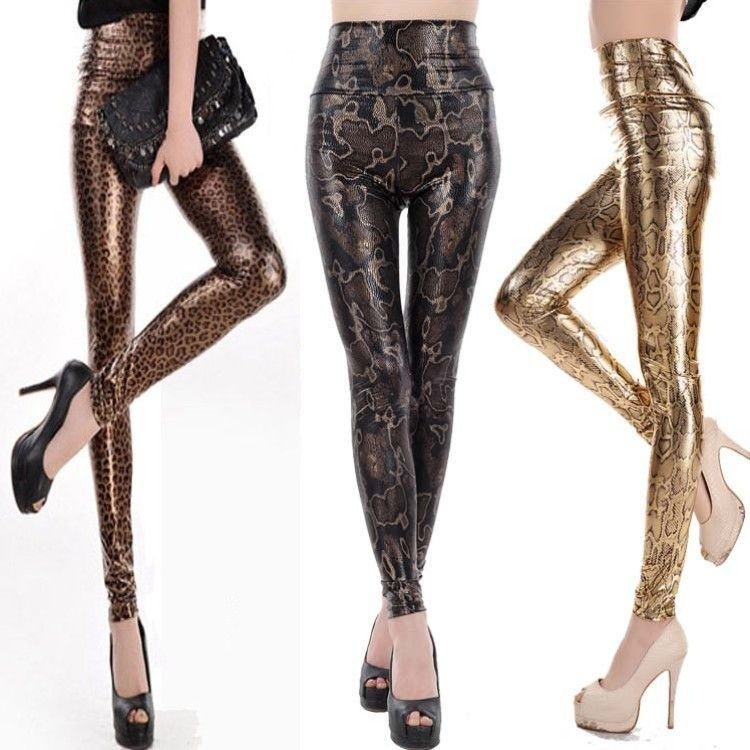 Celana Elastis Kulit Imitasi, Celana Legging Pinggang Tinggi Motif Ular Emas