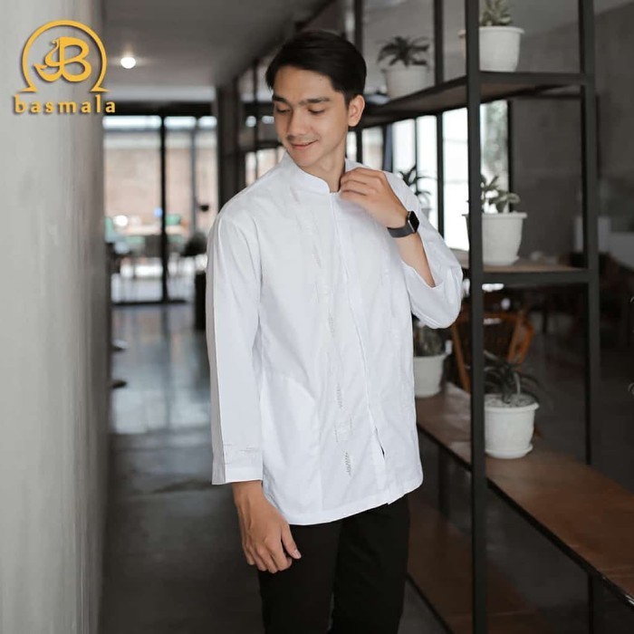 Baju Koko Pria Lengan Panjang Putih Bordir Padang Fashion Muslim Pria