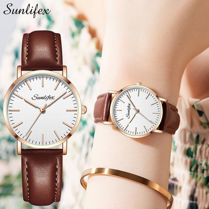 Sunlifex Jam Tangan Wanita Anggun Asli Tali Kulit Jam Tangan Cewek