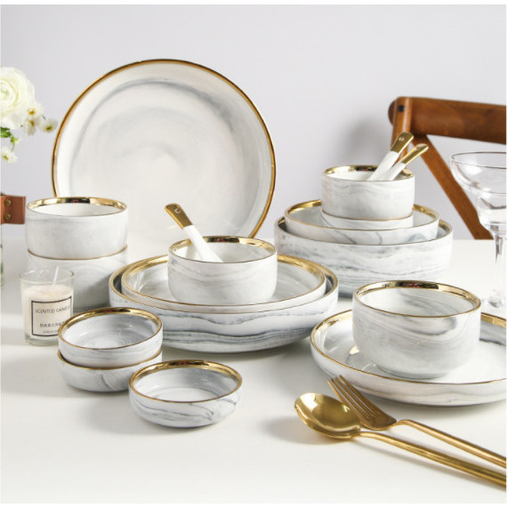 White Marble Dining Set 18 Pcs/ Alat Makan Piring Keramik Marble Putih