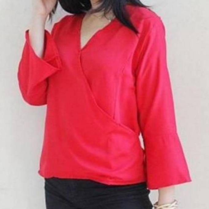 Atasan Baju Blouse Kimono Polos Merah / Putih Wanita Blus Casual