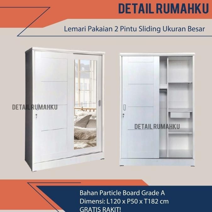 Lemari Pakaian 2 Pintu Sliding Geser Putih Partikel Minimalis