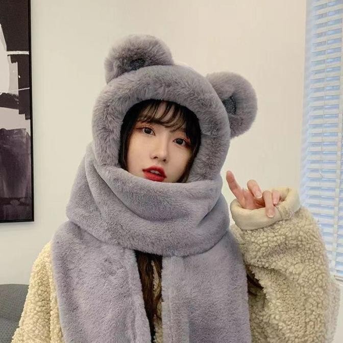 Topi Jennie Beruang Bulu Syal Leher Telinga Beruang Topi Beanies Scarf