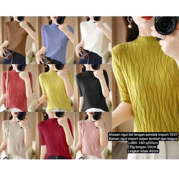 Atasan Turtle Neck Knit Rajut Wanita Lengan Tangan Pendek Mewah Baju