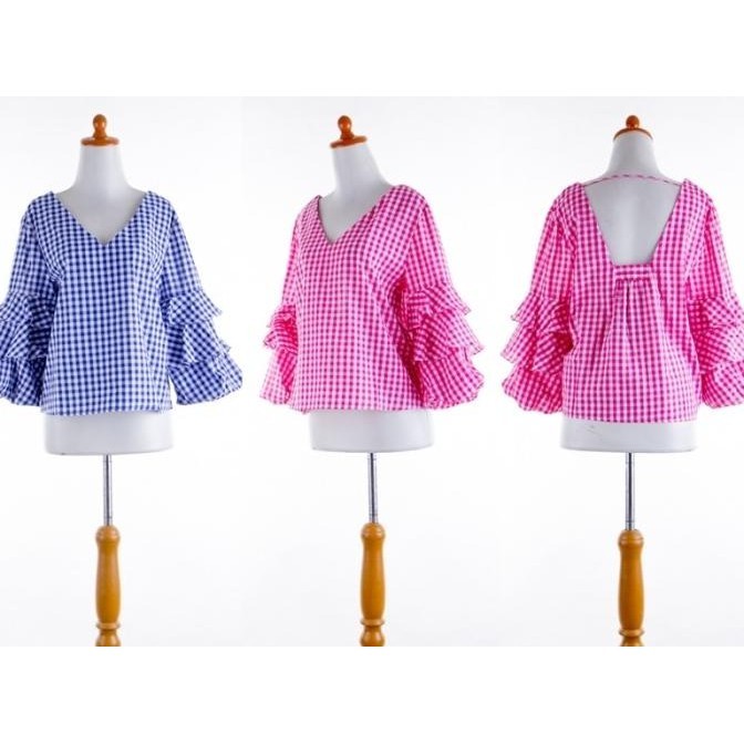 Baju Atasan Wanita Blouse Kotak Lengan Balon Merah Putih Biru Import