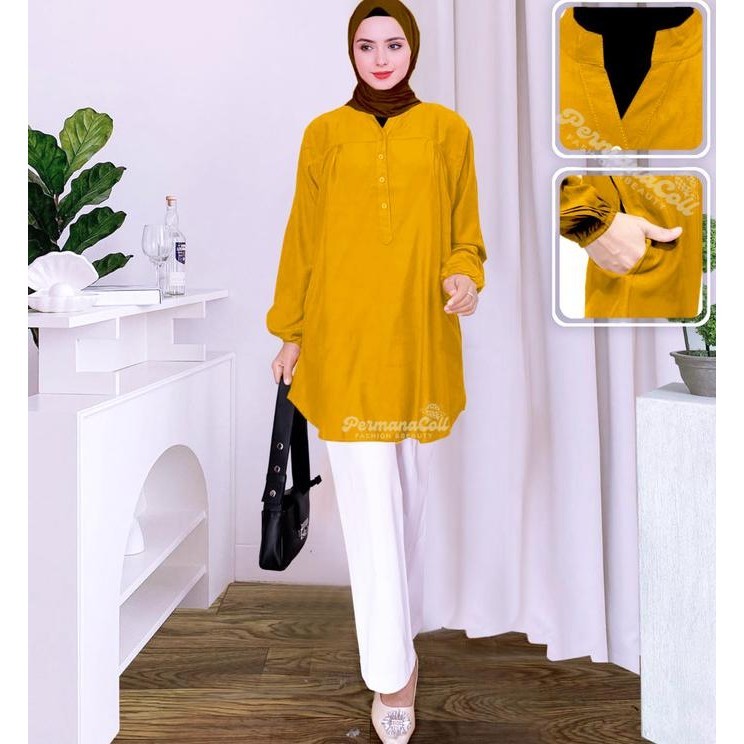 Baju Atasan Blouse Wanita Kemeja Lengan Panjang Kuning Kunyit Jumbo