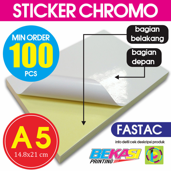 Kertas Sticker Label Chromo Glossy Stiker Fastac Size A5 14.8x21 cm