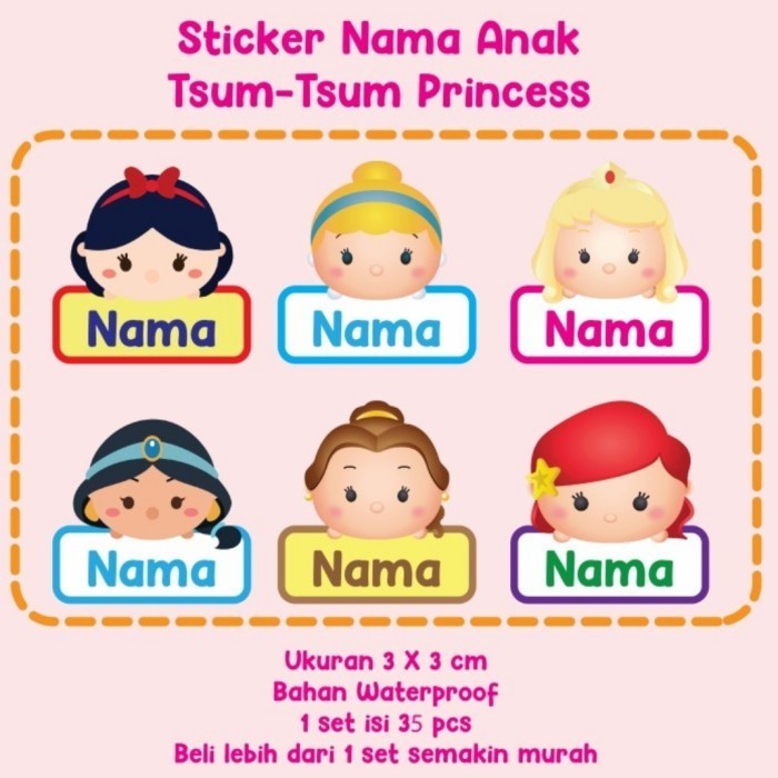 

Stiker label nama anak disney princess tsumtsum snowwhite mermaid