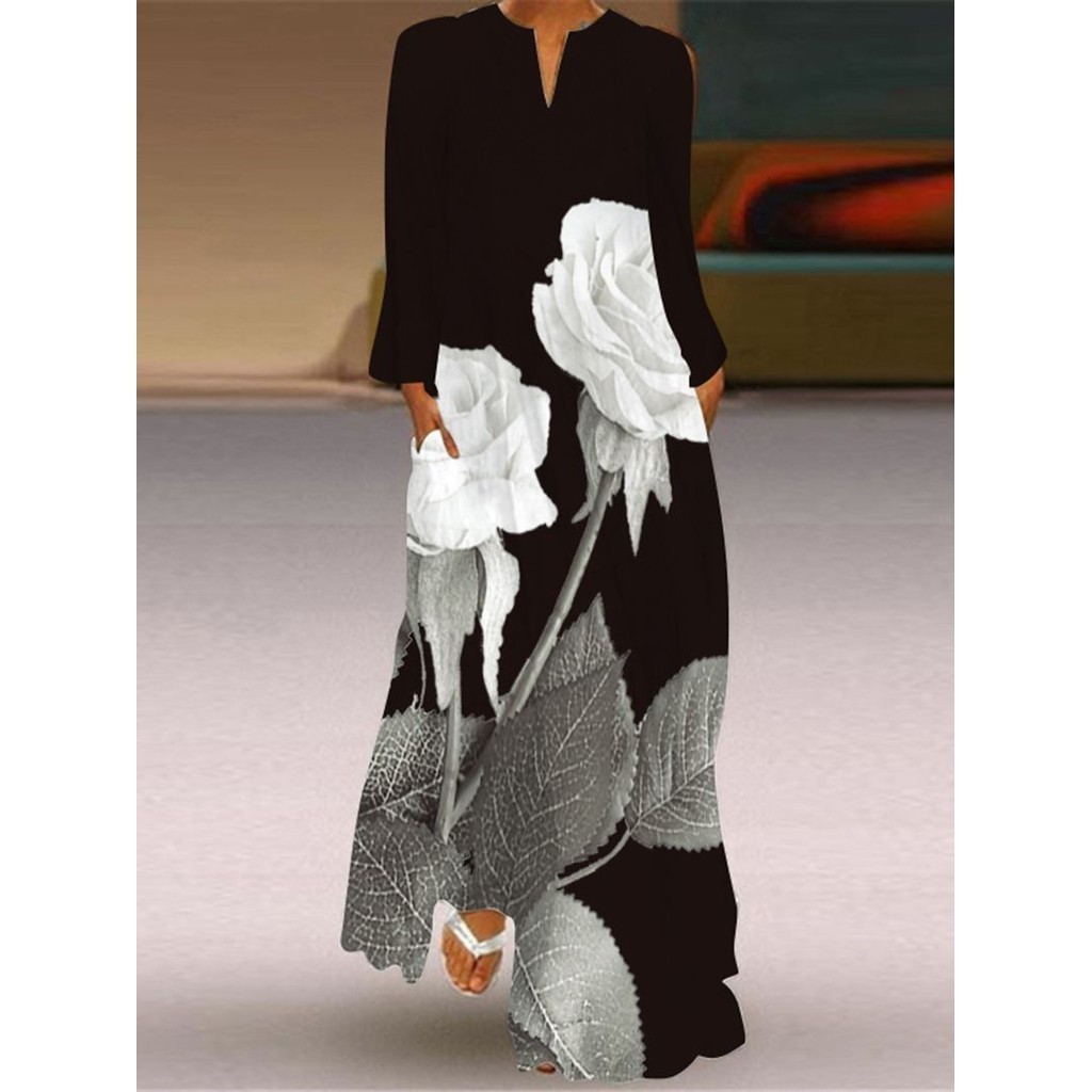 Women's European American Summer New Vintage Butterfly Print DressVCollar Long Sleeve Dress