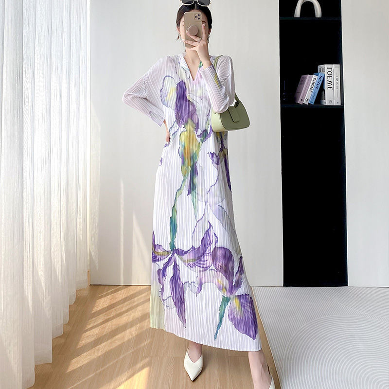 Women's Dress New Slimming Printed Casual Pleated Long Dress