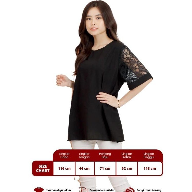 Jumbo Blouse Wanita Katun Rayon Mix Brokat Hitam Dan Putih Ld 116