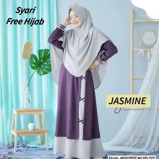 Jasmine-Gamis Wanita Syari Polos Busui M L Xl Warna Abu Muda Ungu Tua