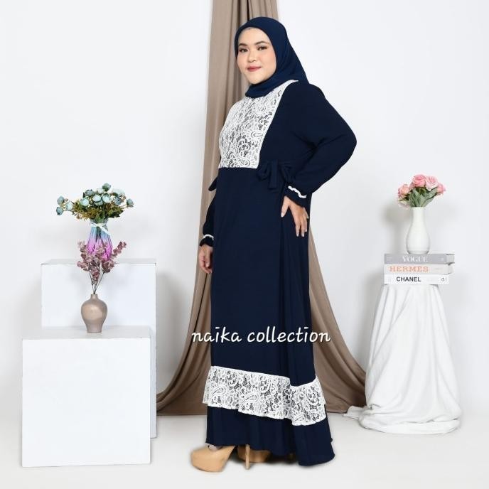 Gamis Wanita Polos Jumbo Xxl Bahan Crinckle Premium Kombinasi Brokat