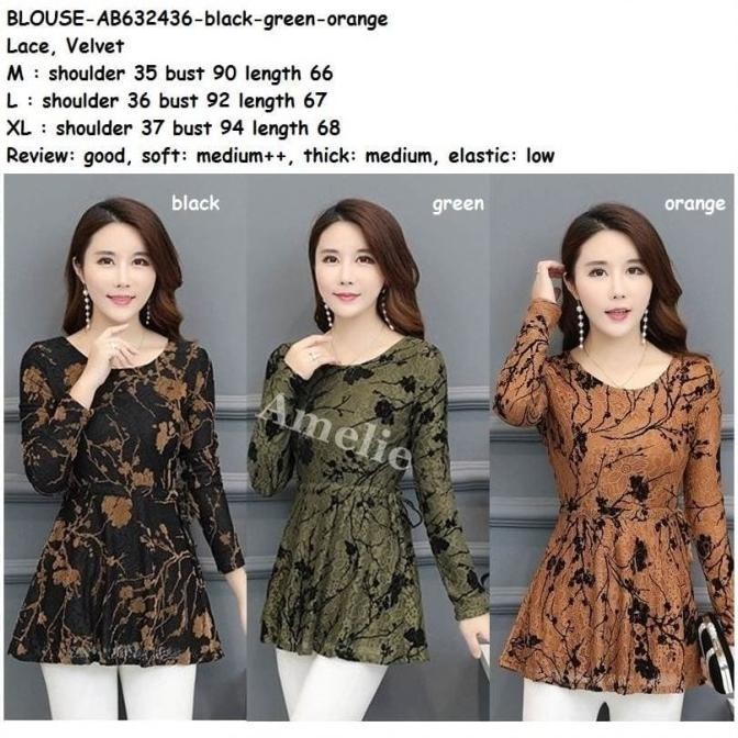 Baju Atasan Lengan Brukat Blouse Wanita Korea Import Ab632436 Tunik