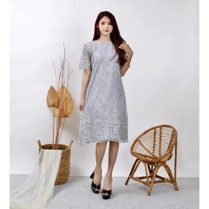 Tunik Mela Pesta Lengan Pendek Brukat Tile Dress Hijau Sage L-Xl Xxl