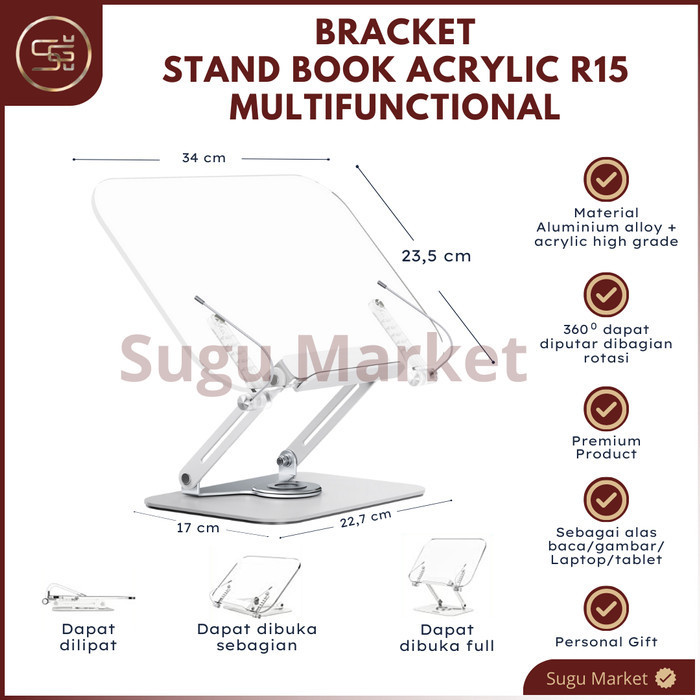 

Penyangga Buku Akrilik R15 Book Stand Reading Holder Ipad Tablet 360