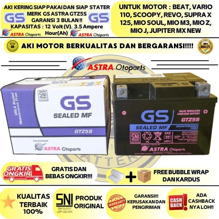 Aki Motor Honda Beat, Vario 110-125 GTZ5S GS Astra Original Aki Kering