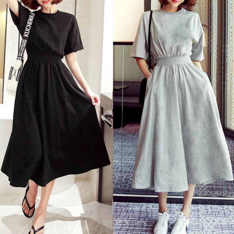 Gaun Panjang Setengah Lengan, Gaun Rok Besar Lengan Setengah Pinggang Pinggang Tinggi Leher Bulat Hi