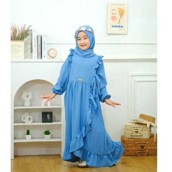 Terlaris Gamis Anak Elena Dress Bahan Crinkle Airflow Free Pasmina Instan Usia 1-10 Tahun H01 Murah