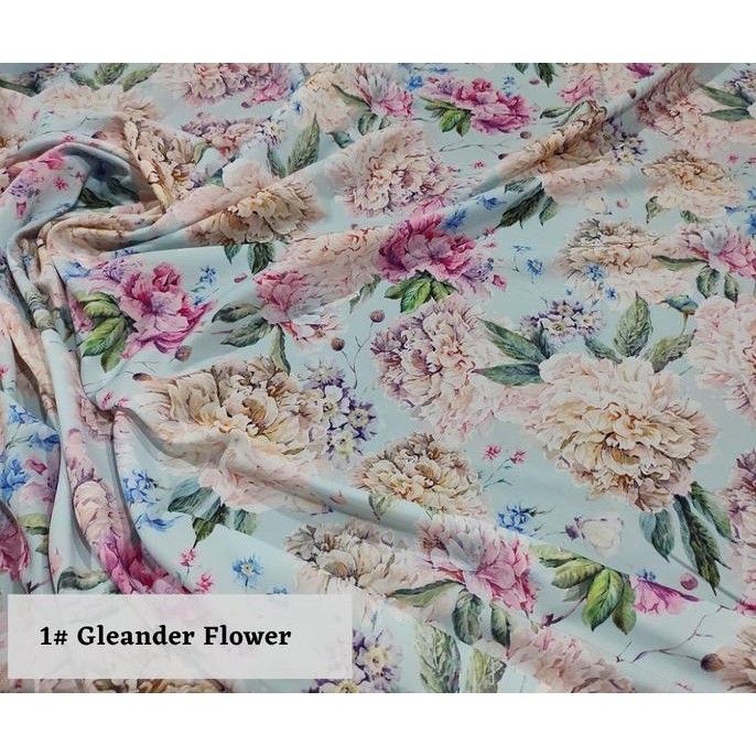 

Kain Print Bunga Sutra /Kain Sutra Woolpeach-Gleander Flower (0,5 Mtr) Pengiriman Cepat