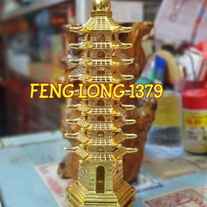 Wen Chang Ta Miniatur Pagoda 9 Tingkat Warna Emas Fengshui Pagoda