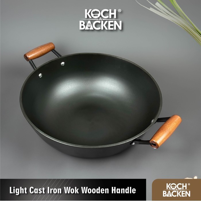 Koch&Backen Light Cast Iron Wok Wooden Handle - Wajan Kuali Cast Iron