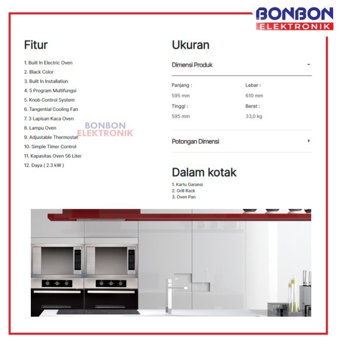 Modena Built-In Electric Oven Profilo 56L Bo-1733 / Bo 1733 Oven Tanam