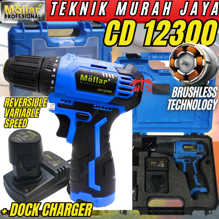 BEBAS ONGKIR - Bor Baterai BRUSHLESS 12V MOLLAR CD12300 Cordless Drill 10mm Charger