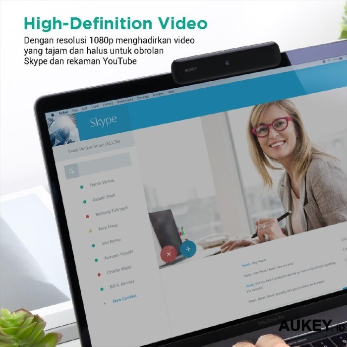 Aukey PC-W1 Webcam 1080p Hitam - Kualitas Gambar Tinggi dan Fokus Tetap