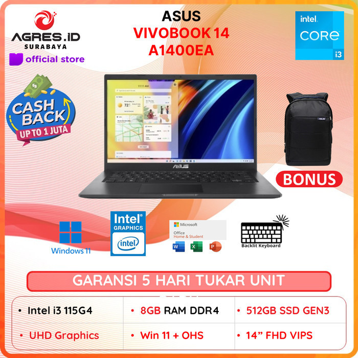 Asus Vivobook 14 A1400Ea I3 1115G4 8Gb 512Ssd 14.0 Fhd Win 11 + Ohs