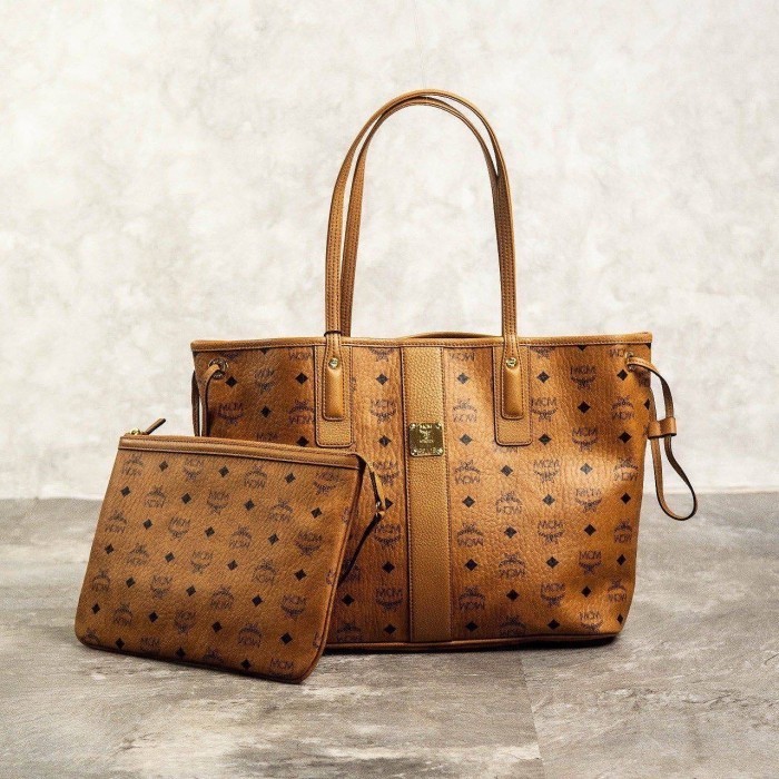 Mcm Reversible Liz Visetos Tote Shopper Bag With Pouch In Cognac Termurah Terlaris Promo