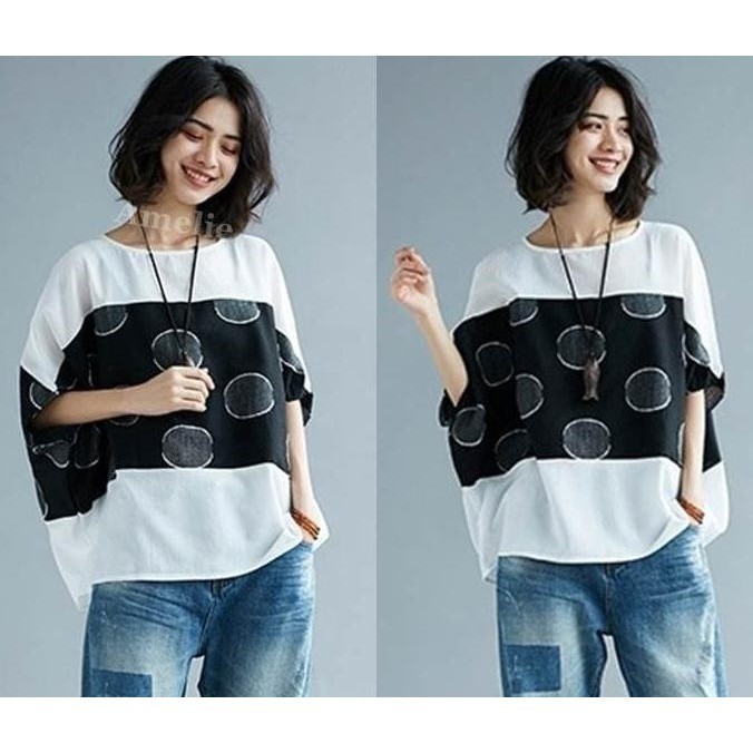 Baju Atasan Batwing Blouse Korea Import AB733477 Big Jumbo HItam Putih