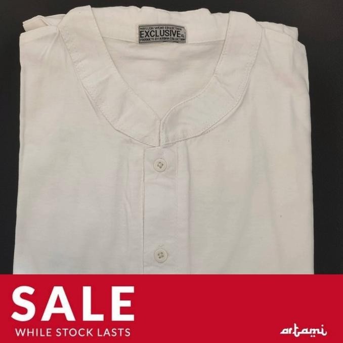 Baju Umroh Haji Pria Katun Kerah Koko Kantong Doraemon