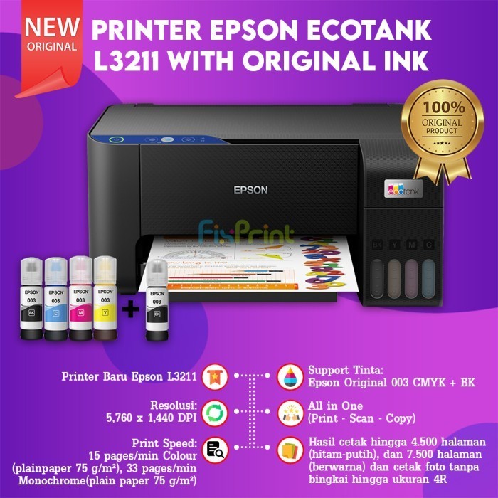 Printer Epson Ecotank L3211 A4/F4 Print Scan Copy Garansi