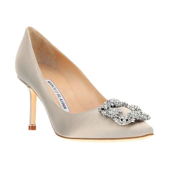 Manolo Blahnik Hangisi 70 Satin Pumps Clc Crystal Buckle Light Grey