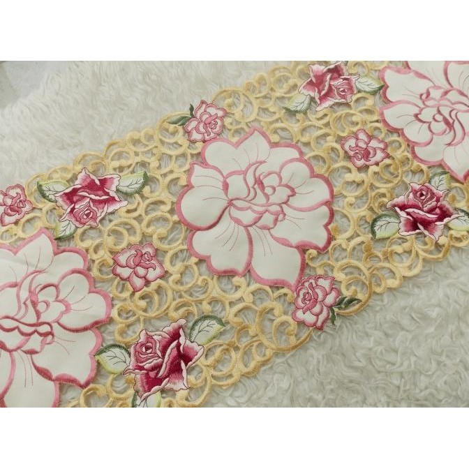 Taplak Meja Bordir Import Cantik Mewah / Taplak Meja Tamu Mawar Pink