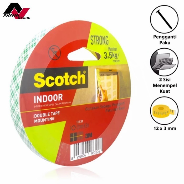 

JUAL Scotch 3M indoor mounting tape 12mm x 3m perekat double tape 3,5kg