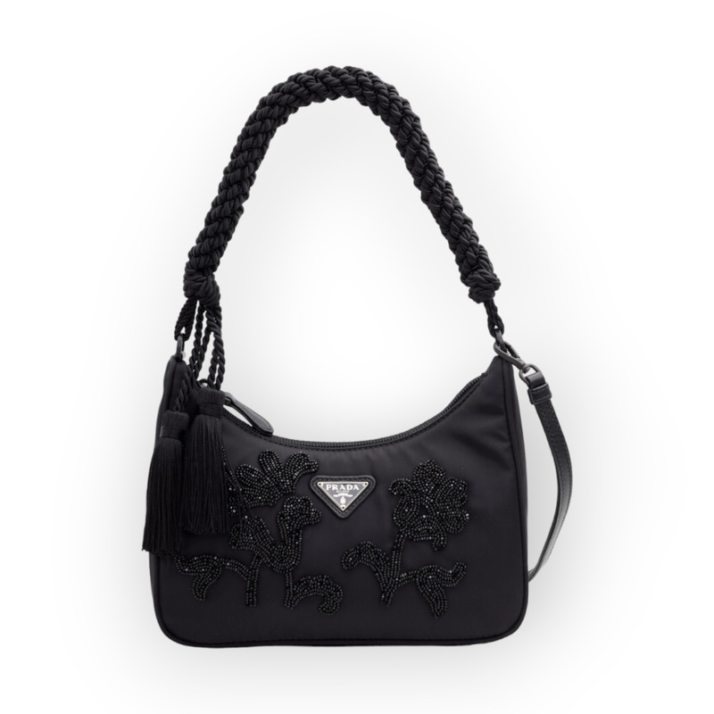 PRADA Mini Triangle Logo Hobo Bag in Black Re-Nylon with Decorative Trim