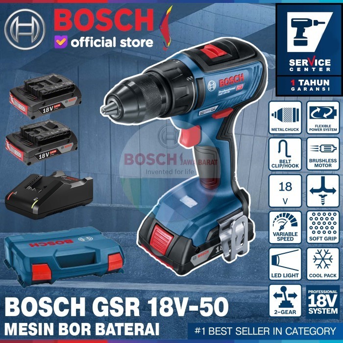 BOSCH MESIN BOR BATERAI DRILL CORDLESS BRUSHLESS GSR 18V-50 FULL SET