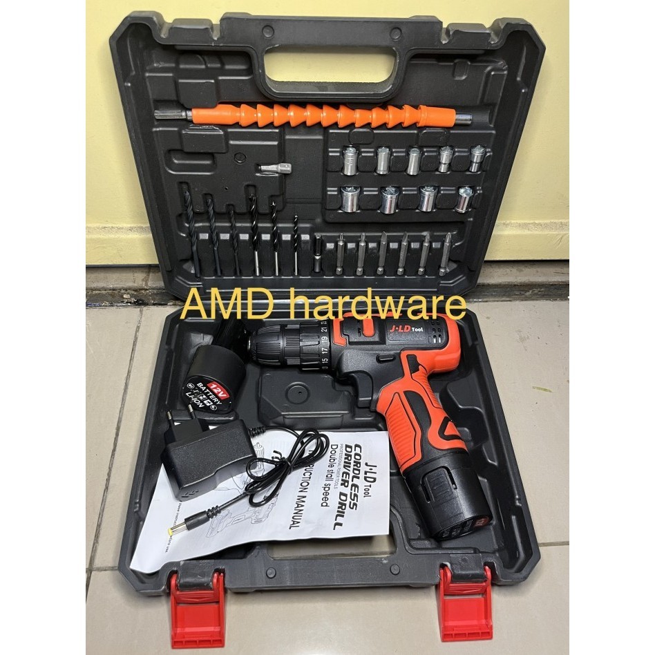 MESIN BOR BATERAI CORDLESS DRILL SET +MATA BOR JLD 12V (MAKTEC,RYU,AEG