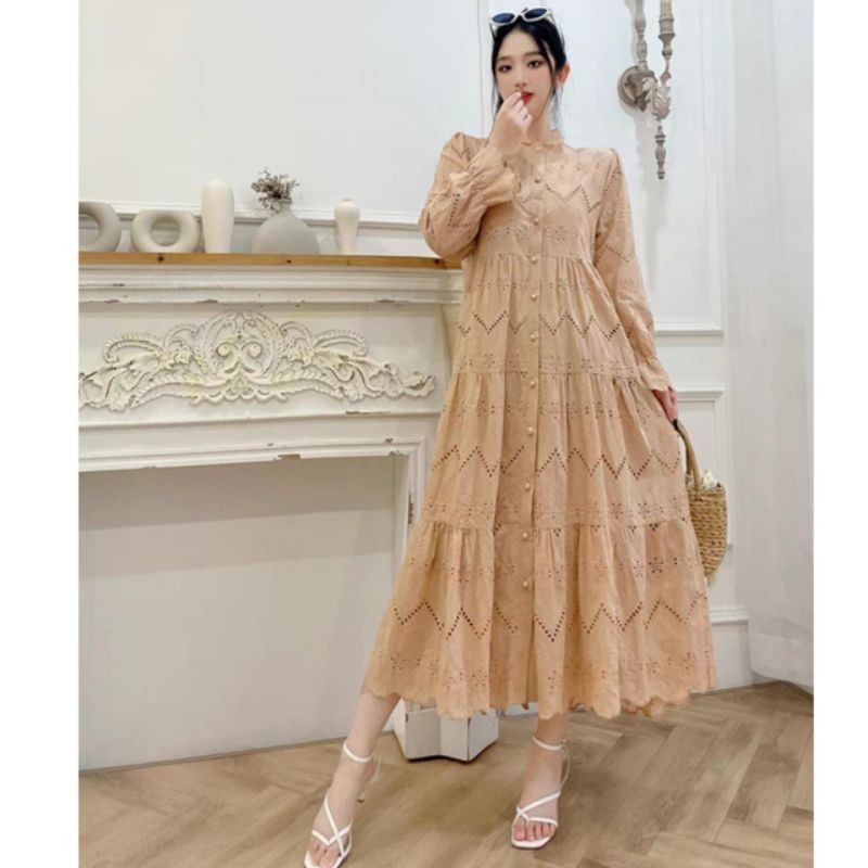 59008 Fashion pakaian maxi long dress dres longdress katbol katunbolong lengan panjang ngembang ting