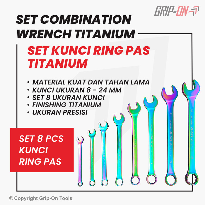 Grip-On Combination Wrench Kunci Ring Pas Titanium Set 8 Pcs 8-24 Mm
